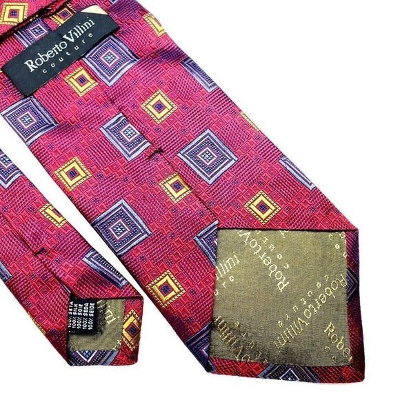 Roberto Villini Couture Silk Tie Red Woven Geometr - Picture 5 of 6